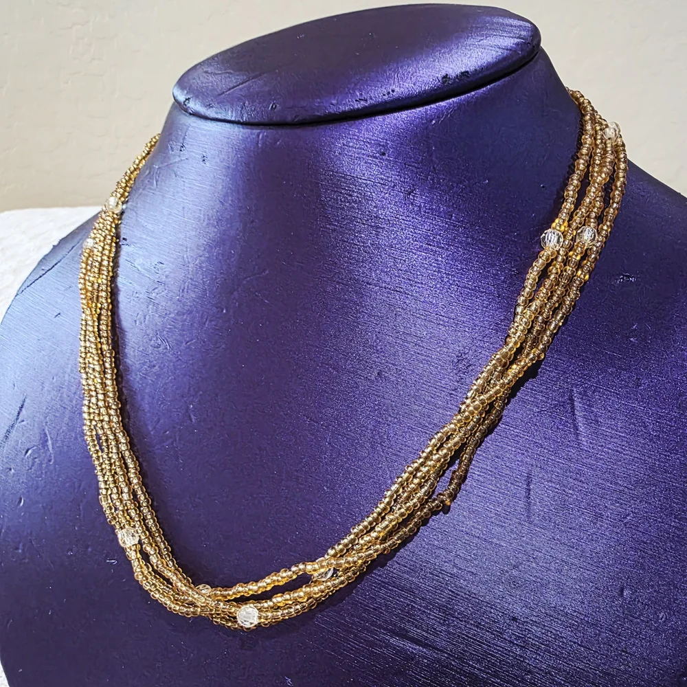 Vintage Glass Bead Beaded Amber Orange Gold White 4 Strand Layered Necklace